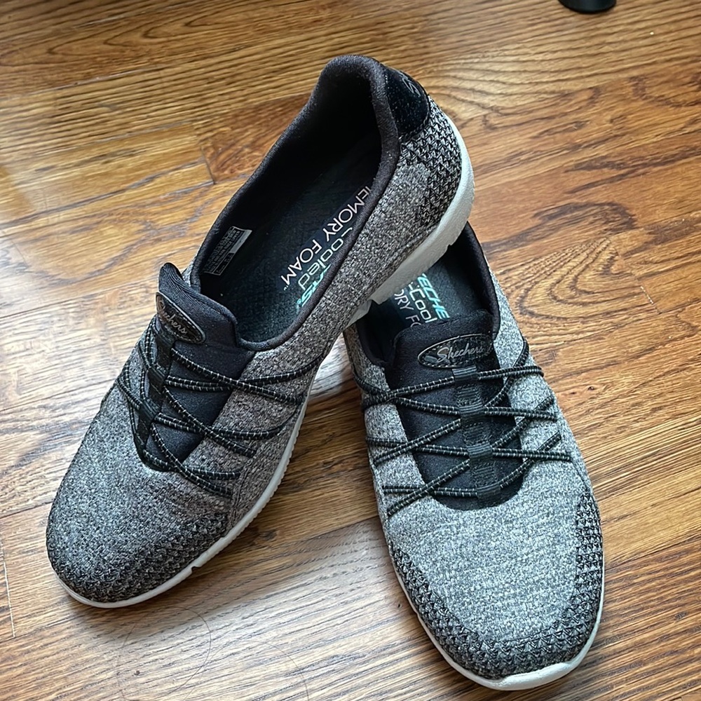 Gray and Black Skechers Air-Cooled Memory Foam slip on shoes